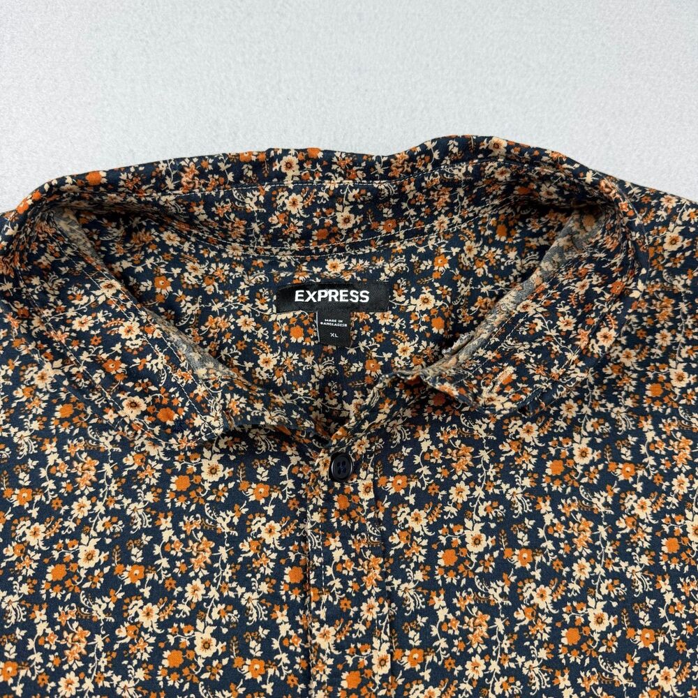 Express Floral Button Up Shirt Womens XL Navy Orange Ditsy Cotton Grandmacore - Picture 3 of 12
